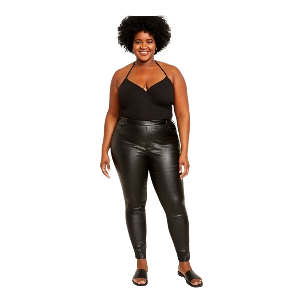 New Faded Glory Black Sheen Textured Faux Leather Soft Stretch Jegging Pants XL